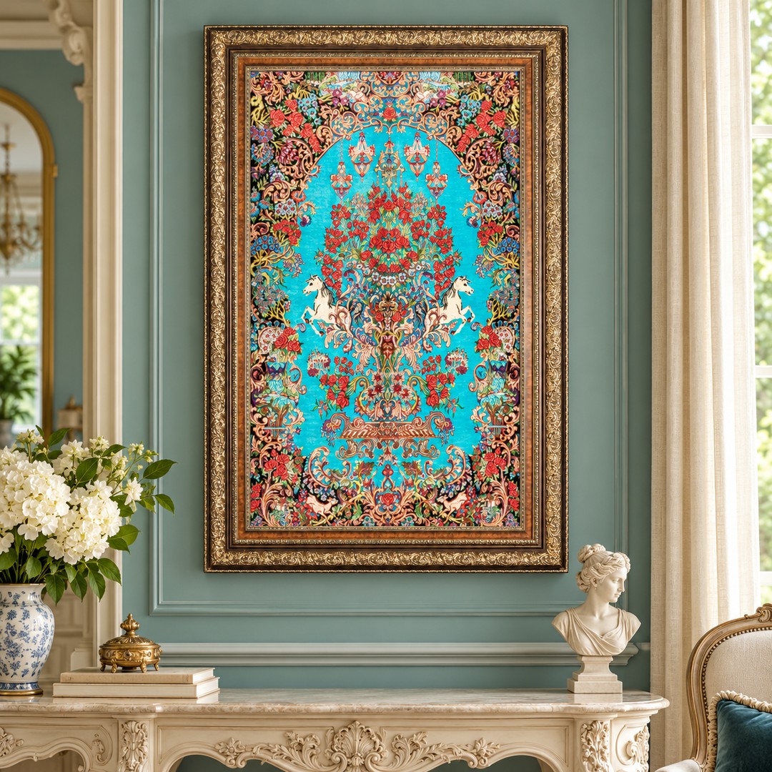 AI-generated interior visualization — MW-HM-0607; woven rug 119 x 71 cm, excluding frame. Illustrative scale, not an actual customer project.
