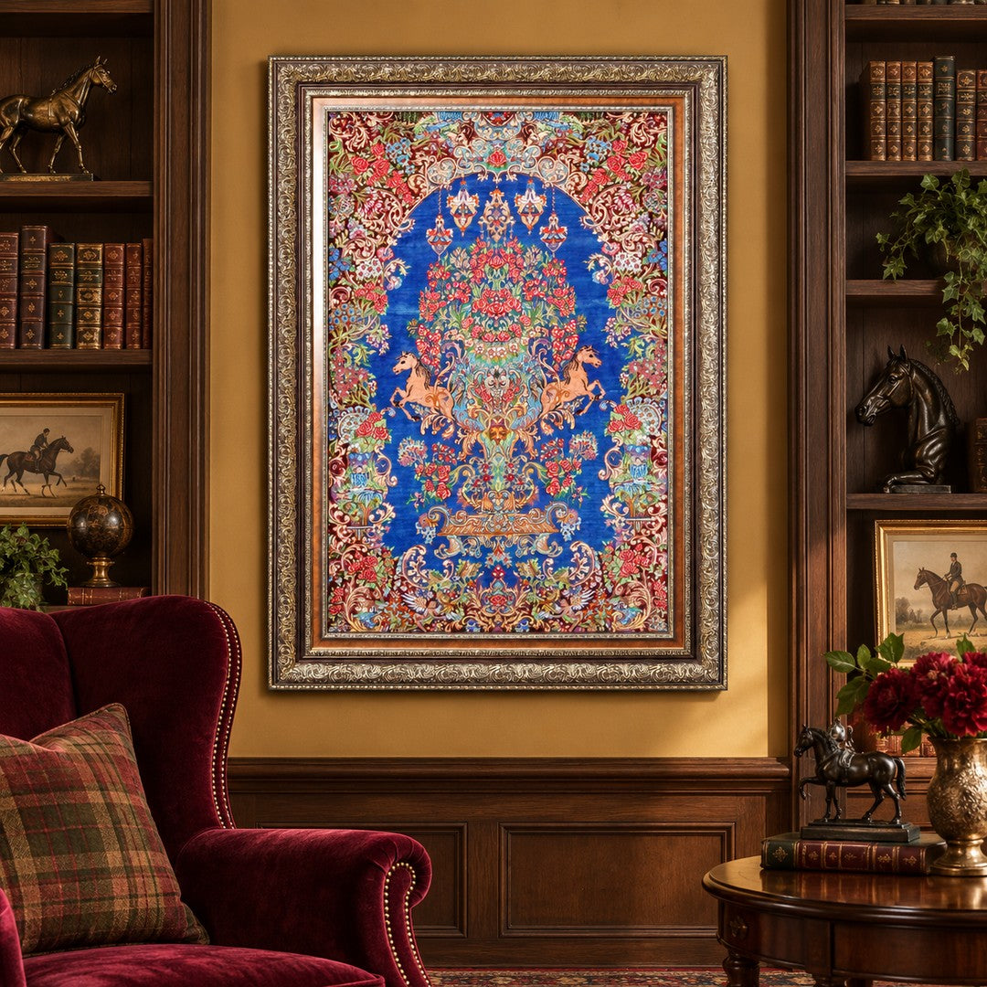 AI-generated interior visualization — MW-HM-0608; woven rug 117 x 74 cm, excluding frame. Illustrative scale, not an actual customer project.