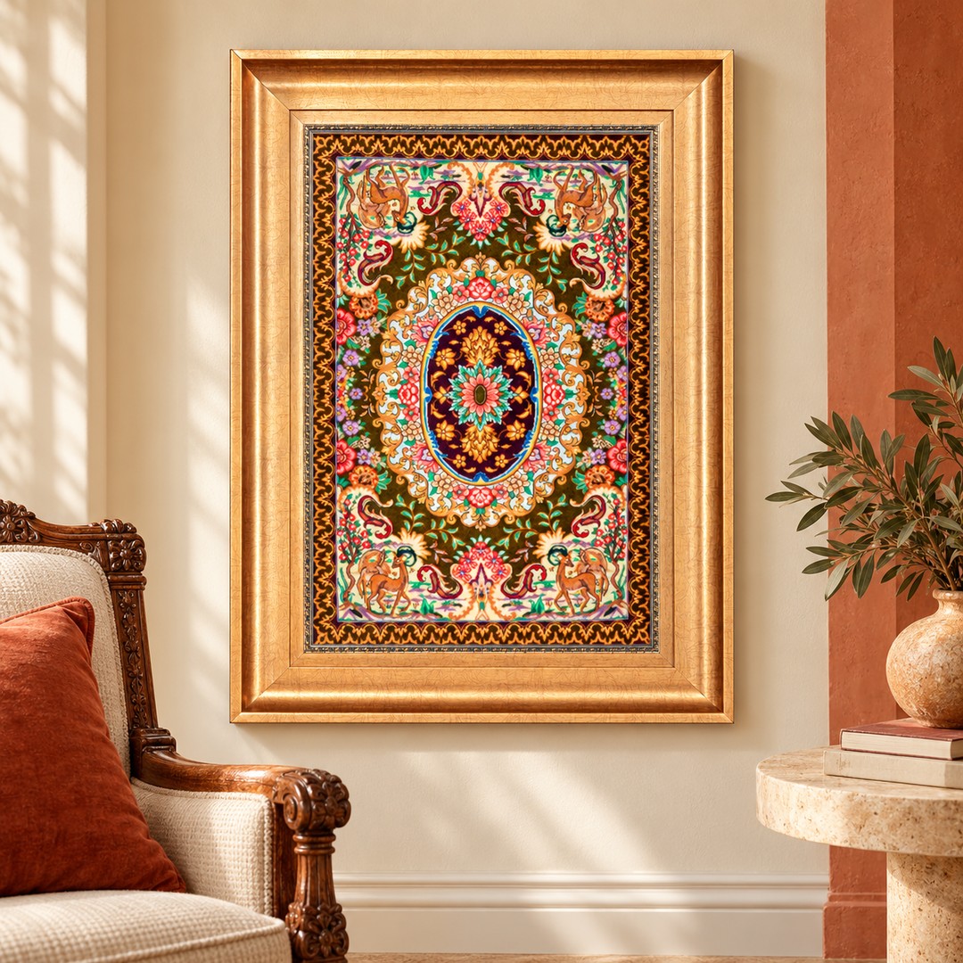 AI-generated interior visualization — MW-HM-0614; woven rug 63 x 41 cm, excluding frame. Illustrative scale, not a customer project.