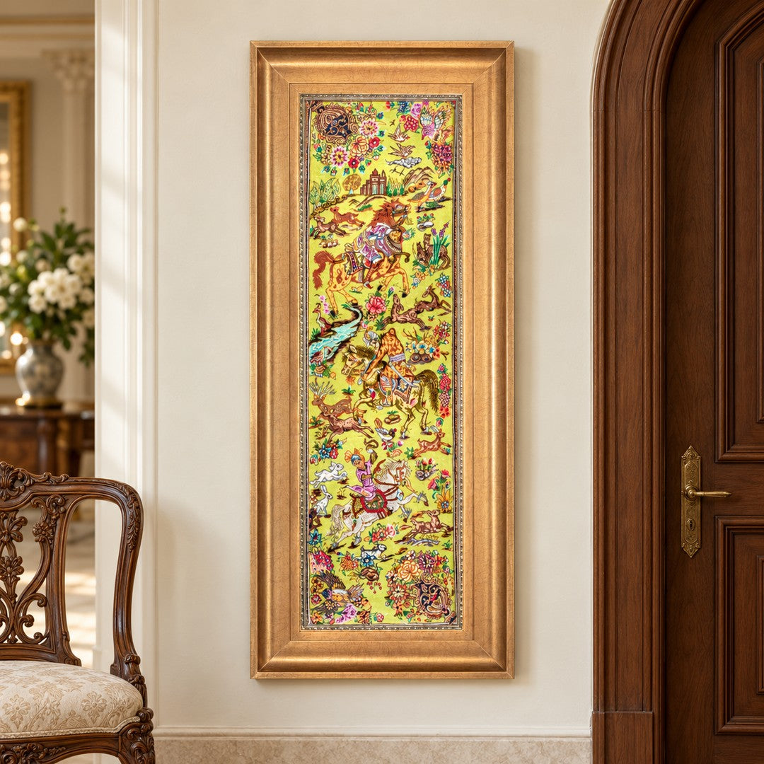 AI-generated interior visualization — MW-HM-0616; woven rug 90 x 28 cm, excluding frame. Illustrative scale, not a customer project.