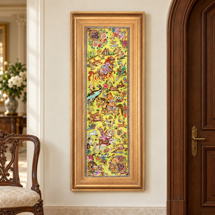 AI-generated interior visualization — MW-HM-0616; woven rug 90 x 28 cm, excluding frame. Illustrative scale, not a customer project.