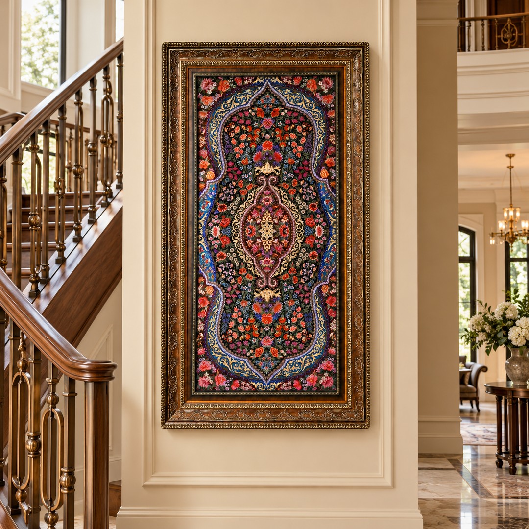 AI-generated interior visualization — MW-HM-0618; woven rug 108 x 50 cm, excluding frame. Illustrative scale, not an actual customer project.