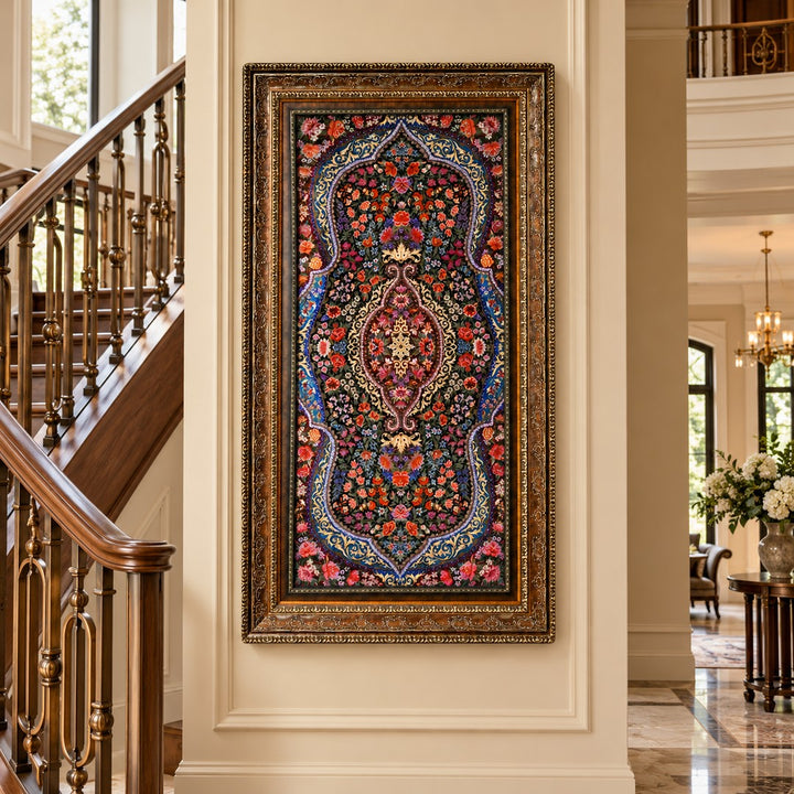 AI-generated interior visualization — MW-HM-0618; woven rug 108 x 50 cm, excluding frame. Illustrative scale, not an actual customer project.