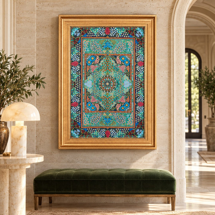 AI-generated interior visualization — MW-HM-0619; woven rug 90 x 61 cm, excluding frame. Illustrative scale, not an actual customer project.