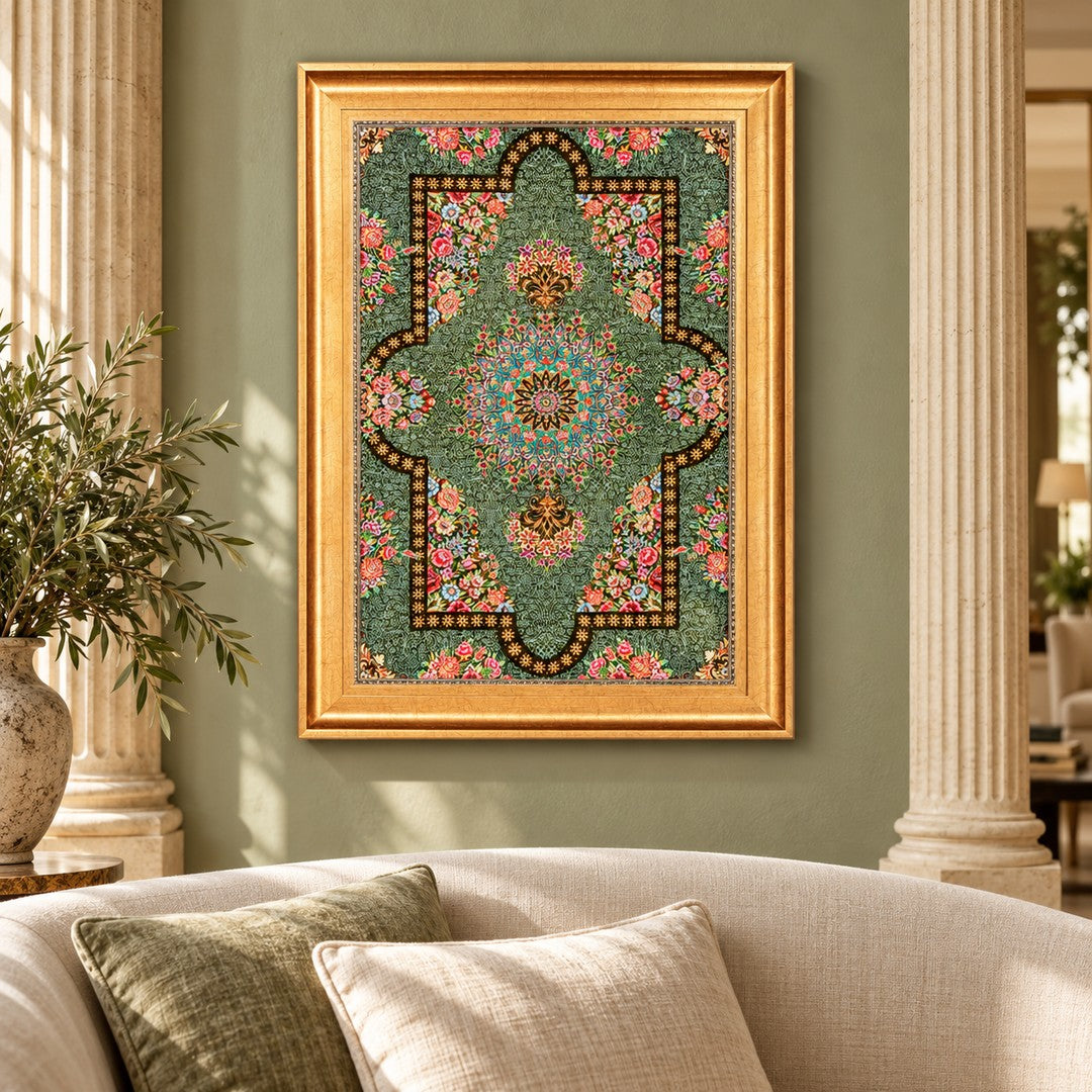 AI-generated interior visualization — MW-HM-0621; woven rug 88 x 60 cm, excluding frame. Illustrative scale, not an actual customer project.