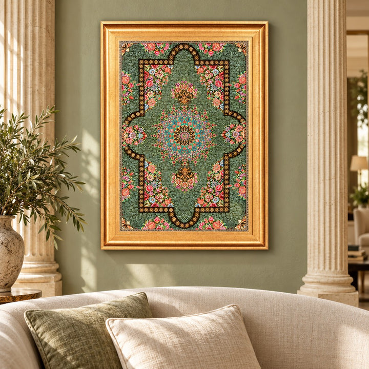 AI-generated interior visualization — MW-HM-0621; woven rug 88 x 60 cm, excluding frame. Illustrative scale, not an actual customer project.