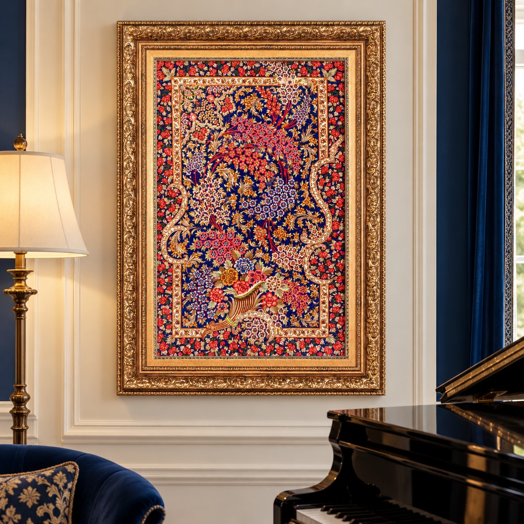 AI-generated interior visualization — MW-HM-0623; woven rug 89 x 58 cm, excluding frame. Illustrative scale, not an actual customer project.