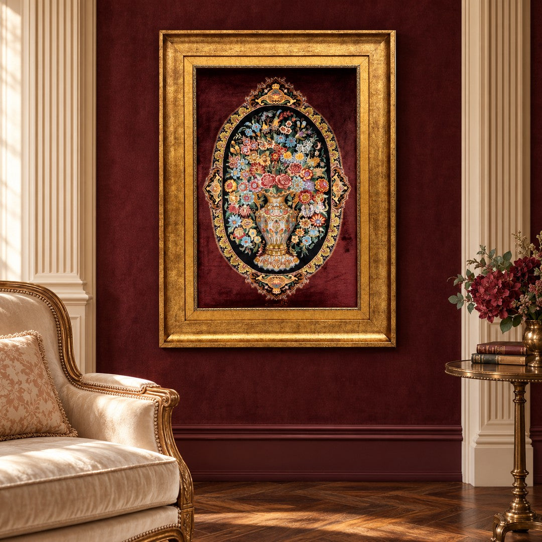 AI-generated interior visualization — MW-HM-0624 — textile 81 x 47 cm, excluding frame; illustrative scale, not a customer project.