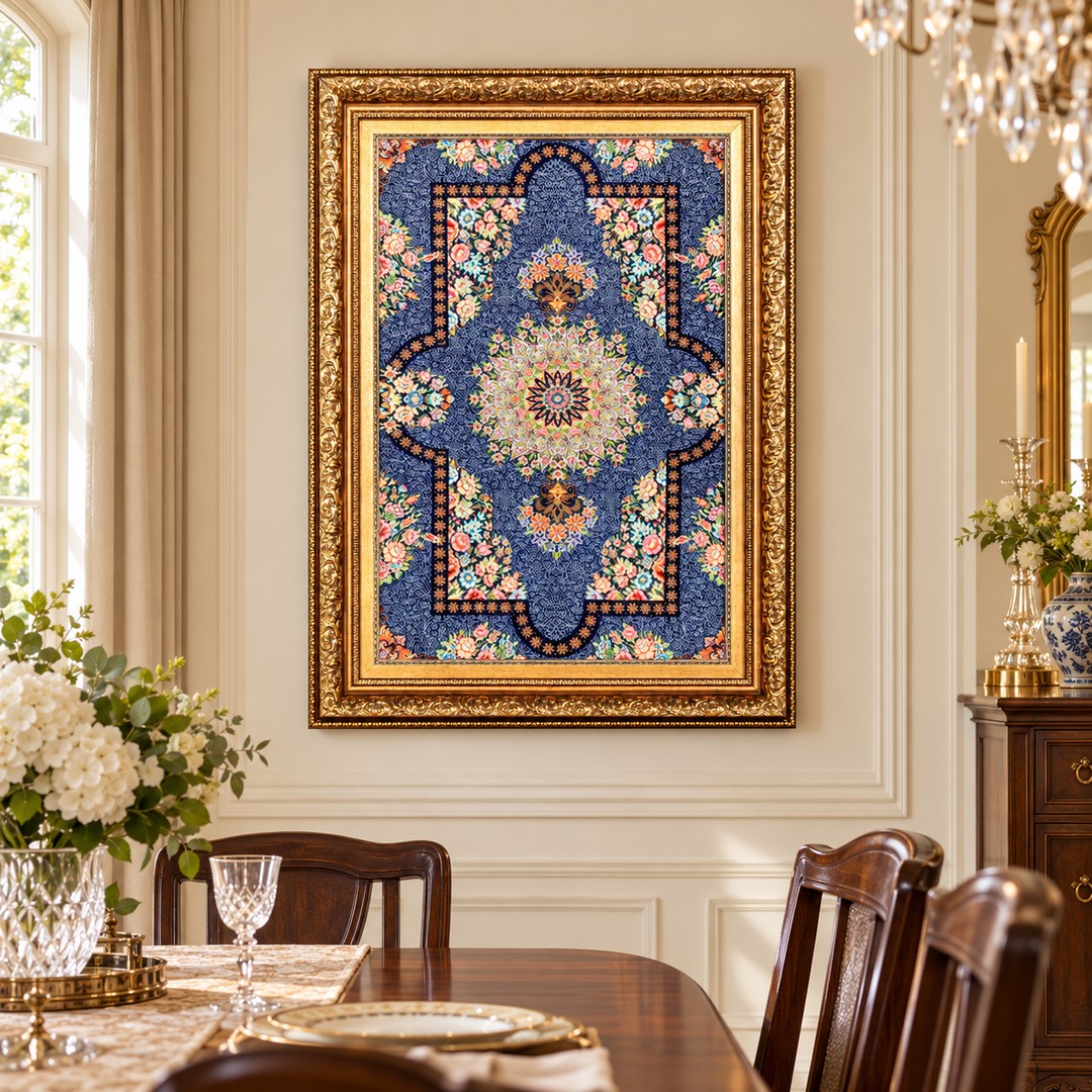AI-generated interior visualization — MW-HM-0625; woven rug 88 x 60 cm, excluding frame. Illustrative scale, not an actual customer project.