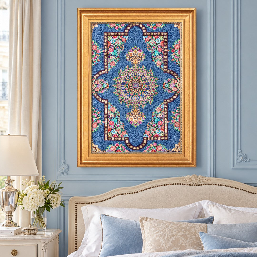 AI-generated interior visualization — MW-HM-0626; woven rug 87 x 61 cm, excluding frame. Illustrative scale, not an actual customer project.