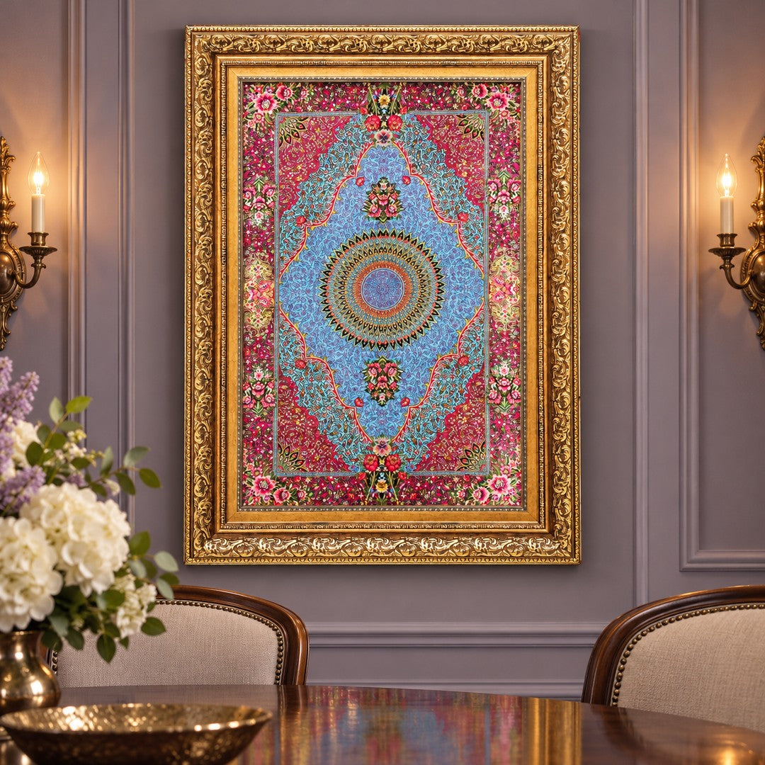 AI-generated interior visualization — MW-HM-0627; woven rug 92 x 61 cm, excluding frame. Illustrative scale, not an actual customer project.
