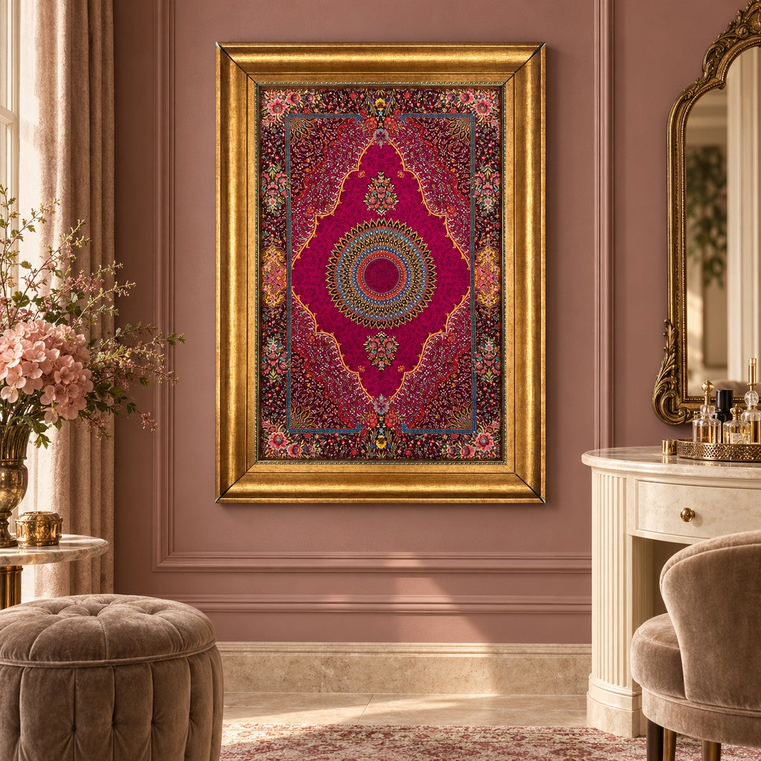 AI-generated interior visualization — MW-HM-0628 — textile 93 x 61 cm, excluding frame; illustrative scale, not a customer project.