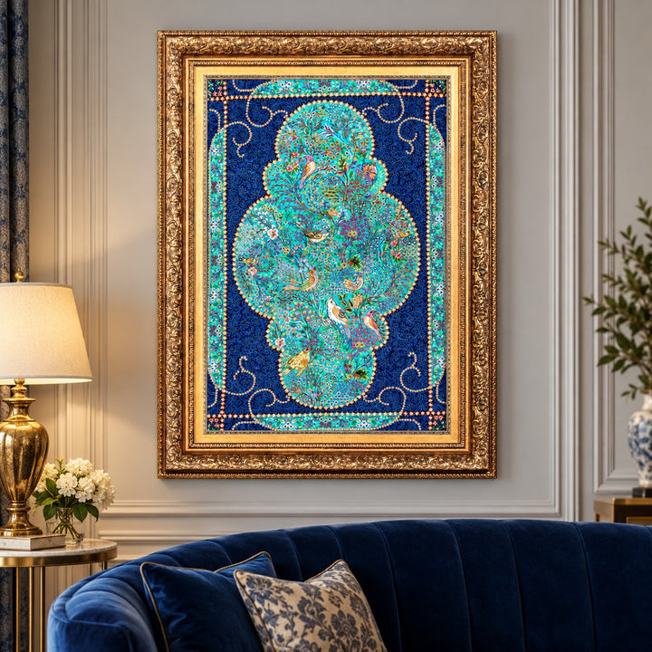 AI-generated interior visualization — MW-HM-0629; woven rug 89 x 60 cm, excluding any frame. Illustrative scale, not a customer project.
