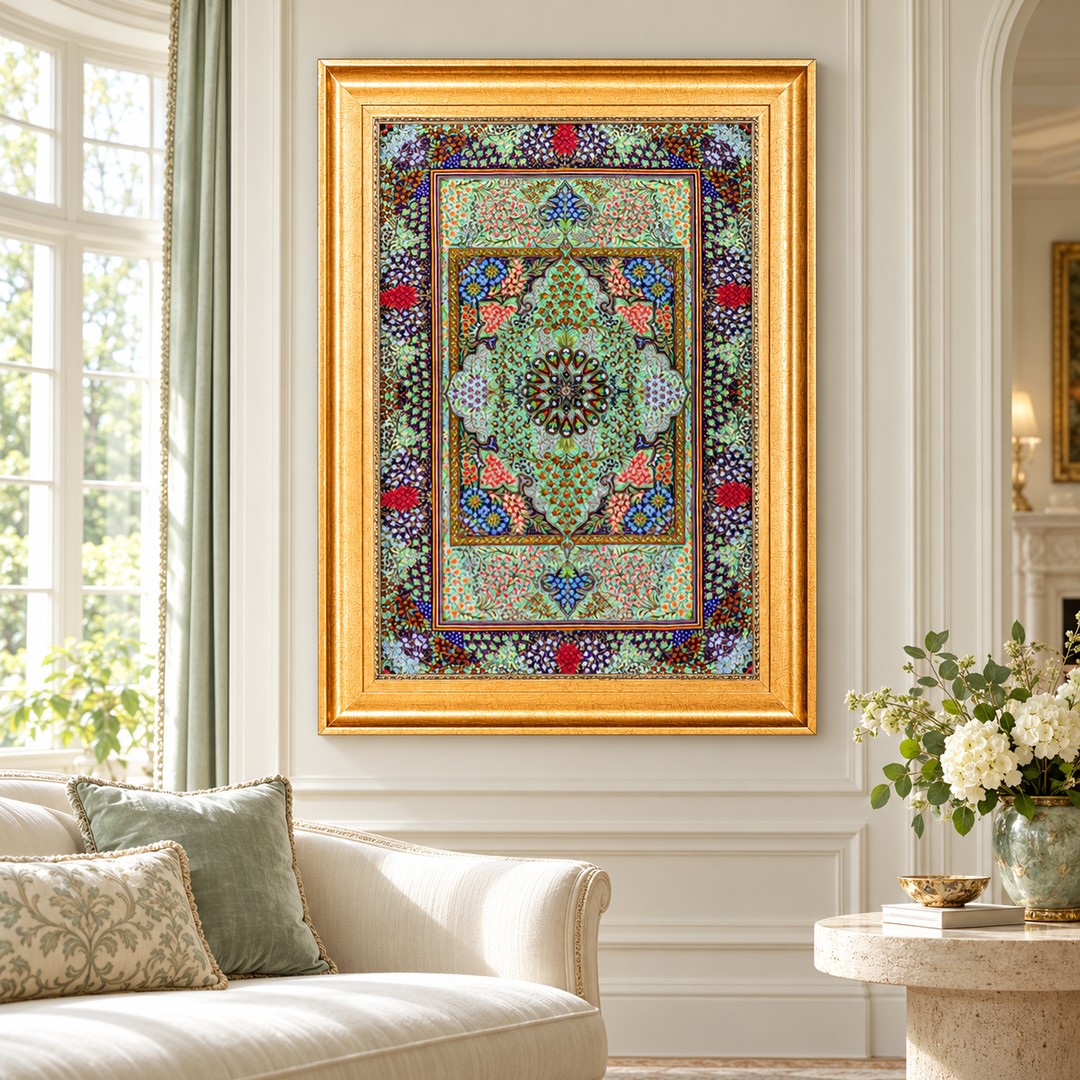 AI-generated interior visualization — MW-HM-0630; woven rug 88 x 59 cm, excluding frame. Illustrative scale, not an actual customer project.