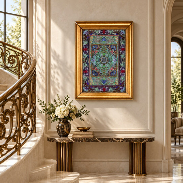 AI-generated interior visualization — MW-HM-0631, 87 x 60 cm, framed handmade silk wall art; illustrative styling, not a customer project or measurement.