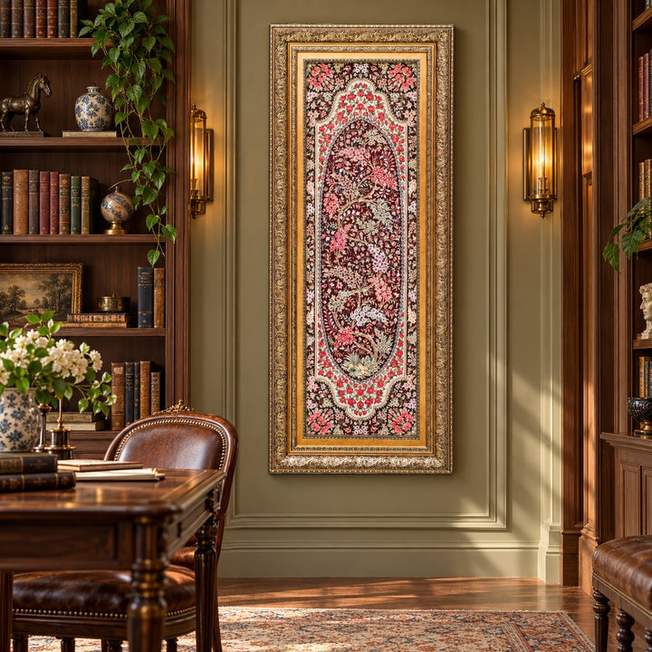 AI-generated interior visualization — MW-HM-0633 — textile 122 x 39 cm, excluding frame; illustrative scale, not a customer project.