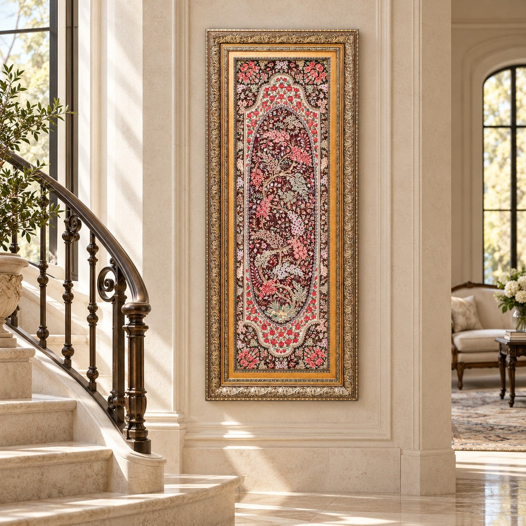 AI-generated interior visualization — MW-HM-0634 — textile 123 x 39 cm, excluding frame; illustrative scale, not a customer project.