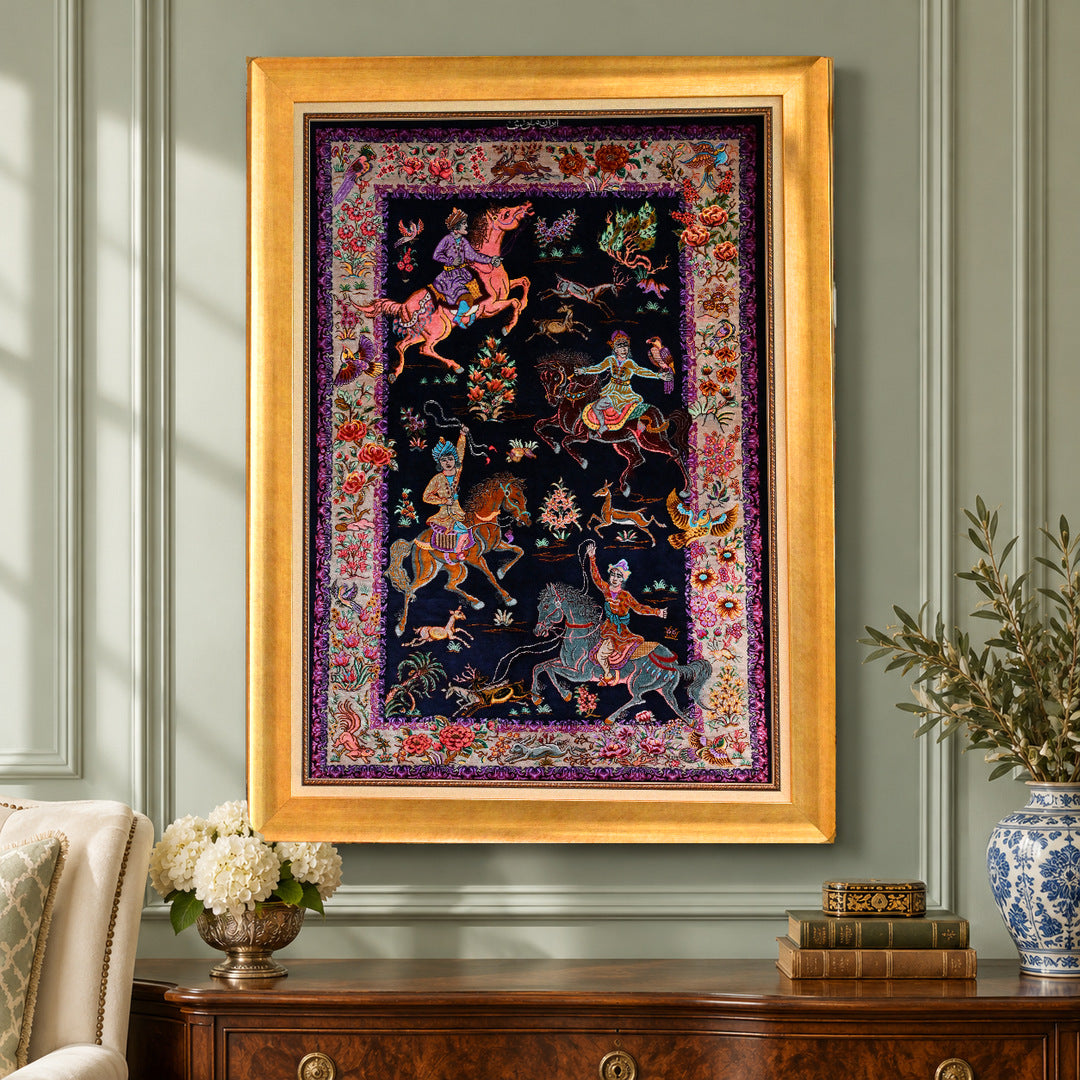 AI-generated interior visualization with original rug photograph — MW-HM-0638, woven rug 112 x 78 cm, excluding any frame. Illustrative scale, not a customer project.