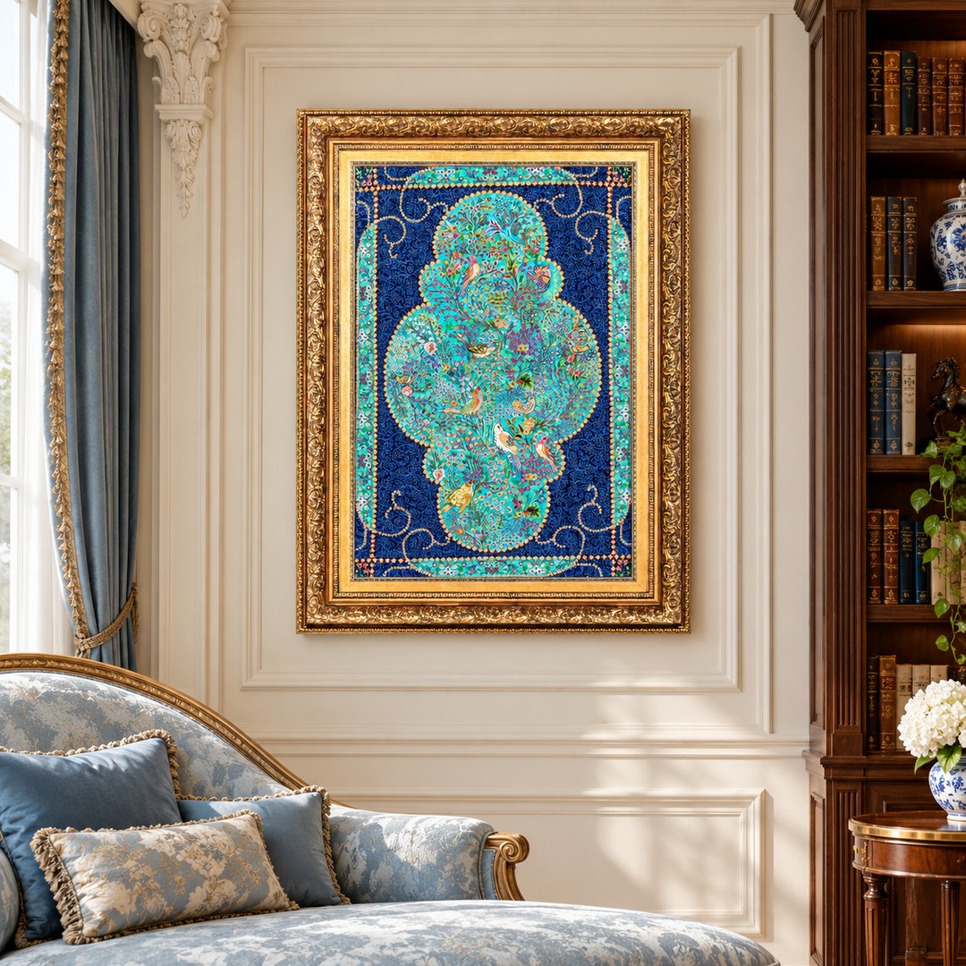 AI-generated interior visualization — MW-HM-0642 — textile 87 x 58 cm, excluding frame; illustrative scale, not a customer project.