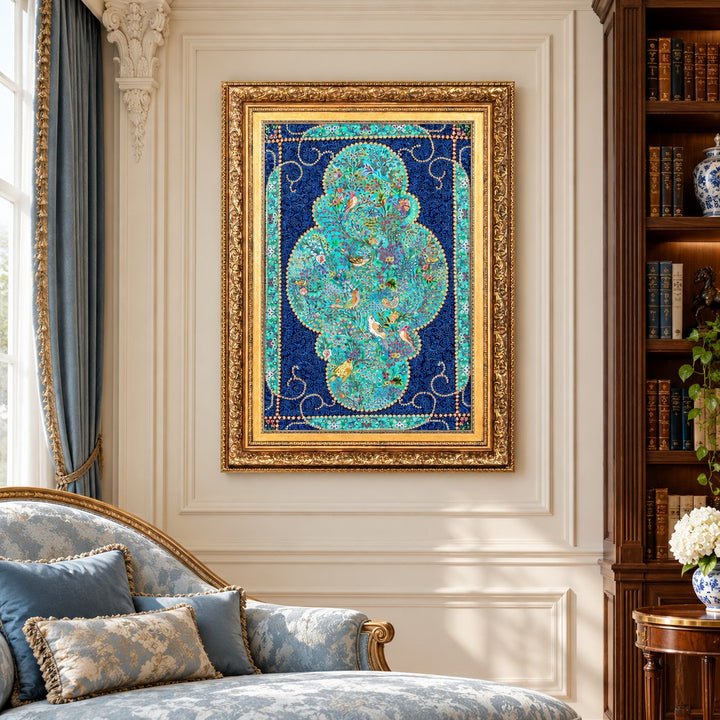 AI-generated interior visualization — MW-HM-0642 — textile 87 x 58 cm, excluding frame; illustrative scale, not a customer project.