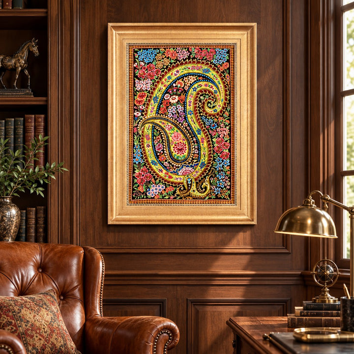 AI-generated interior visualization — MW-HM-0647; woven rug 76 x 49 cm, excluding frame. Illustrative scale, not an actual customer project.