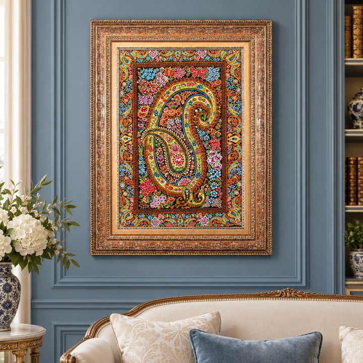 AI-generated interior visualization — MW-HM-0648 — textile 74 x 49 cm, excluding frame; illustrative scale, not a customer project.