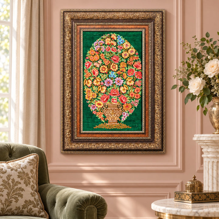AI-generated interior visualization — MW-HM-0649 — textile 56 x 35 cm, excluding frame; illustrative scale, not a customer project.