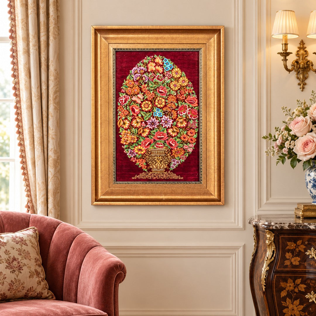 AI-generated interior visualization — MW-HM-0650 — textile 53 x 34 cm, excluding frame; illustrative scale, not a customer project.