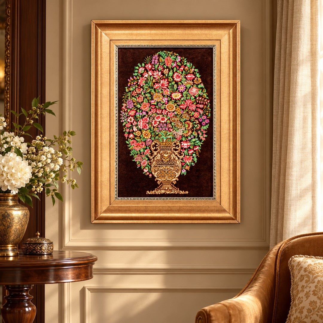 AI-generated interior visualization — MW-HM-0651 — textile 54 x 35 cm, excluding frame; illustrative scale, not a customer project.