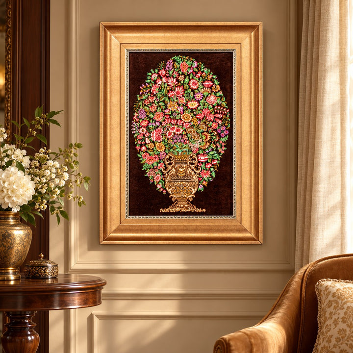 AI-generated interior visualization — MW-HM-0651 — textile 54 x 35 cm, excluding frame; illustrative scale, not a customer project.
