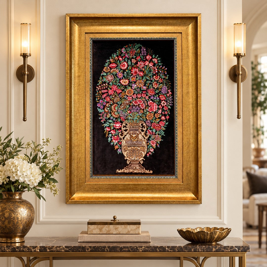 AI-generated interior visualization — MW-HM-0652 — textile 59 x 35 cm, excluding frame; illustrative scale, not a customer project.
