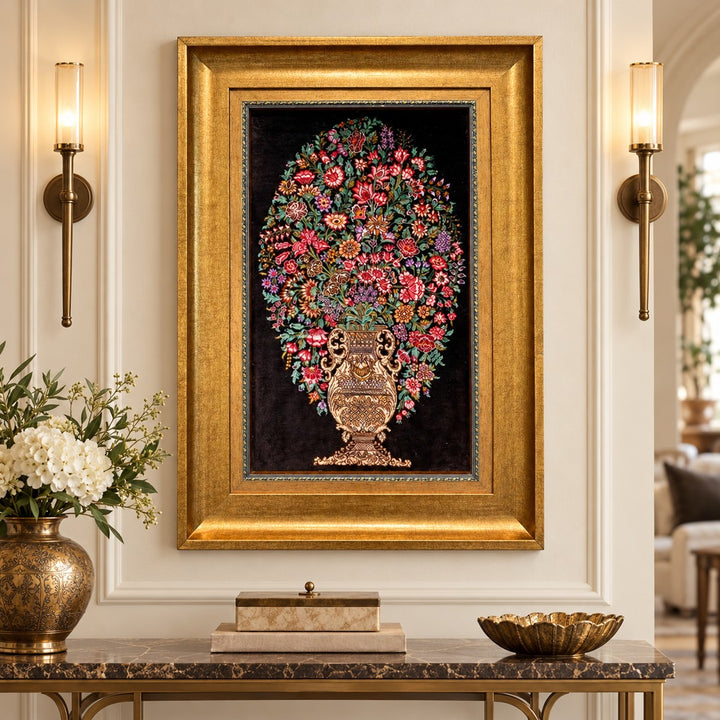 AI-generated interior visualization — MW-HM-0652 — textile 59 x 35 cm, excluding frame; illustrative scale, not a customer project.