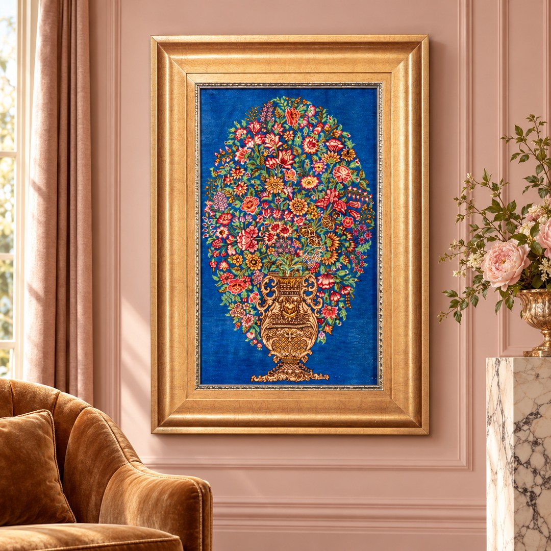 AI-generated interior visualization — MW-HM-0653; woven rug 58 x 35 cm, excluding frame. Illustrative scale, not a customer project.