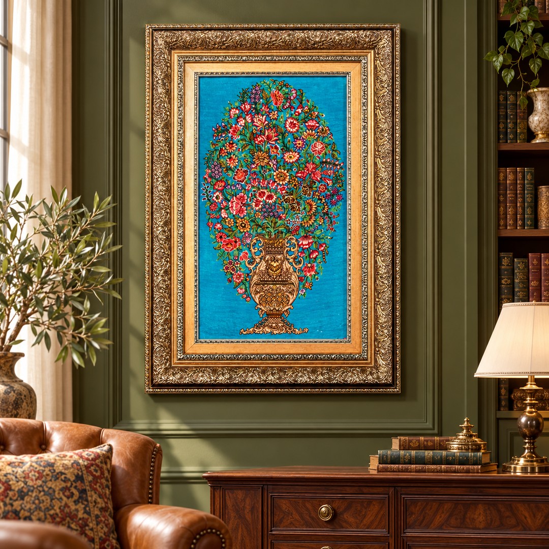 AI-generated interior visualization — MW-HM-0654 — textile 61 x 36 cm, excluding frame; illustrative scale, not a customer project.