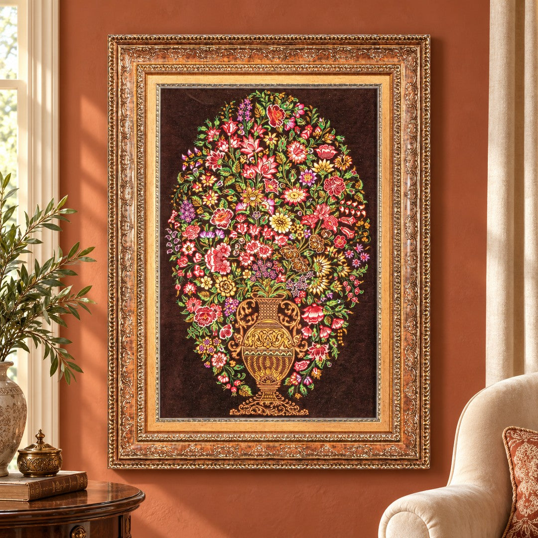 AI-generated interior visualization — MW-HM-0656 — textile 77 x 50 cm, excluding frame; illustrative scale, not a customer project.