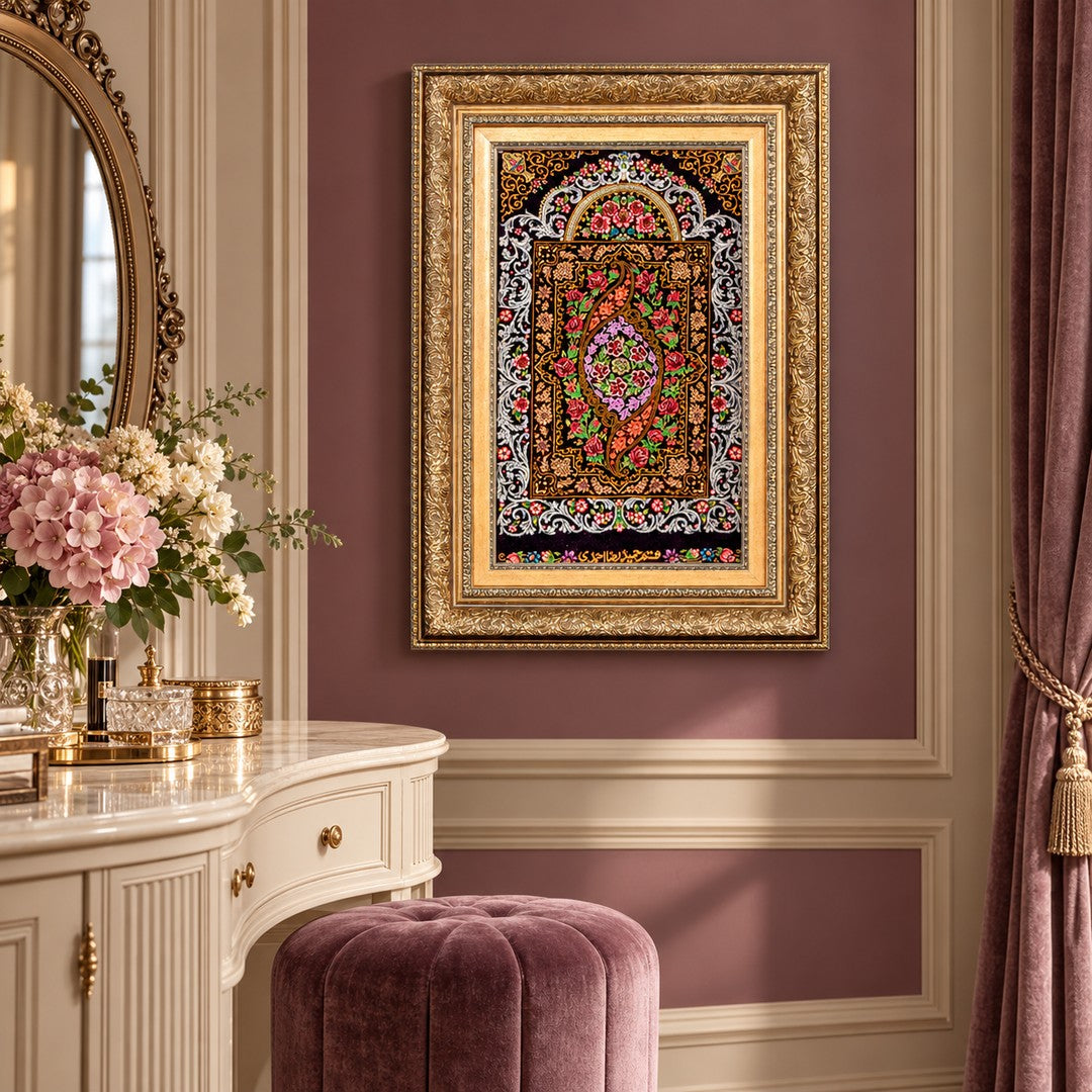 AI-generated interior visualization — MW-HM-0660 — textile 58 x 35 cm, excluding frame; illustrative scale, not a customer project.