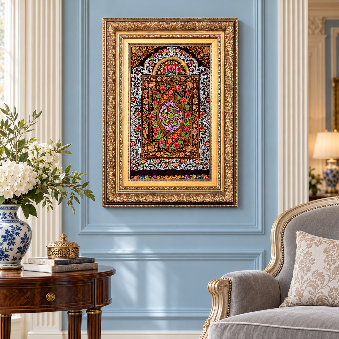 AI-generated interior visualization — MW-HM-0661 — textile 58 x 35 cm, excluding frame; illustrative scale, not a customer project.