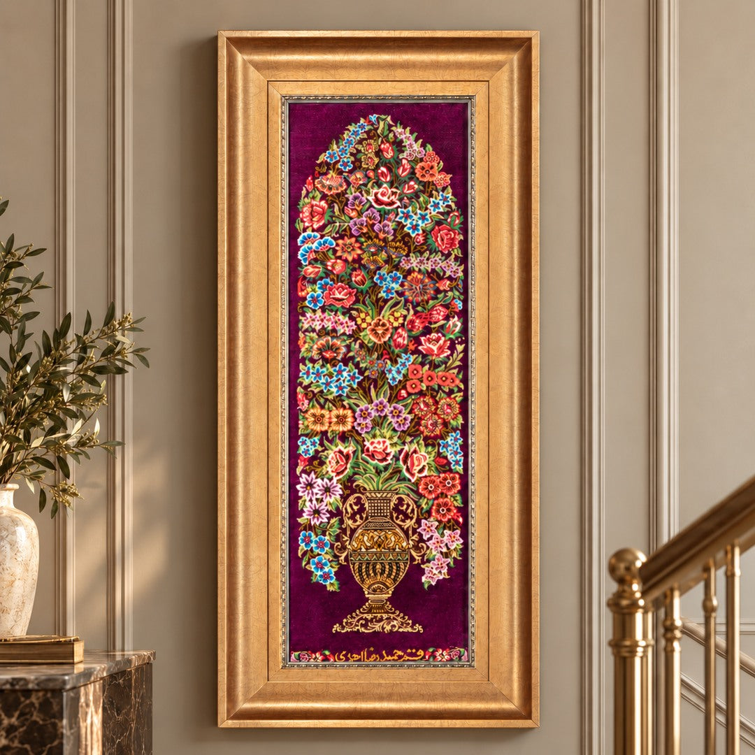 AI-generated interior visualization — MW-HM-0663; woven rug 74 x 24 cm, excluding any frame. Illustrative scale, not a customer project.