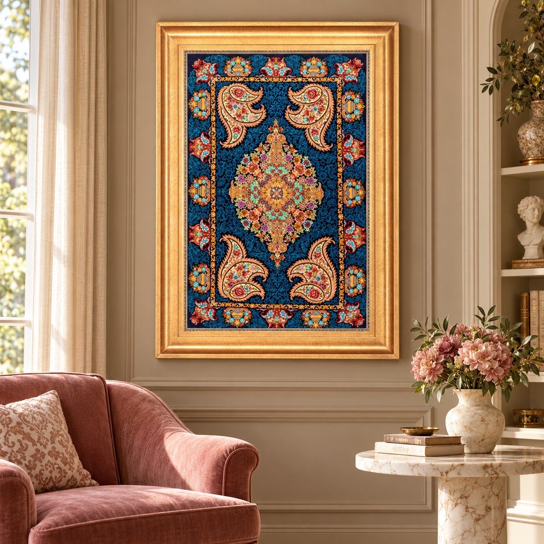 AI-generated interior visualization — MW-HM-0666; woven rug 93 x 57 cm, excluding frame. Illustrative scale, not an actual customer project.