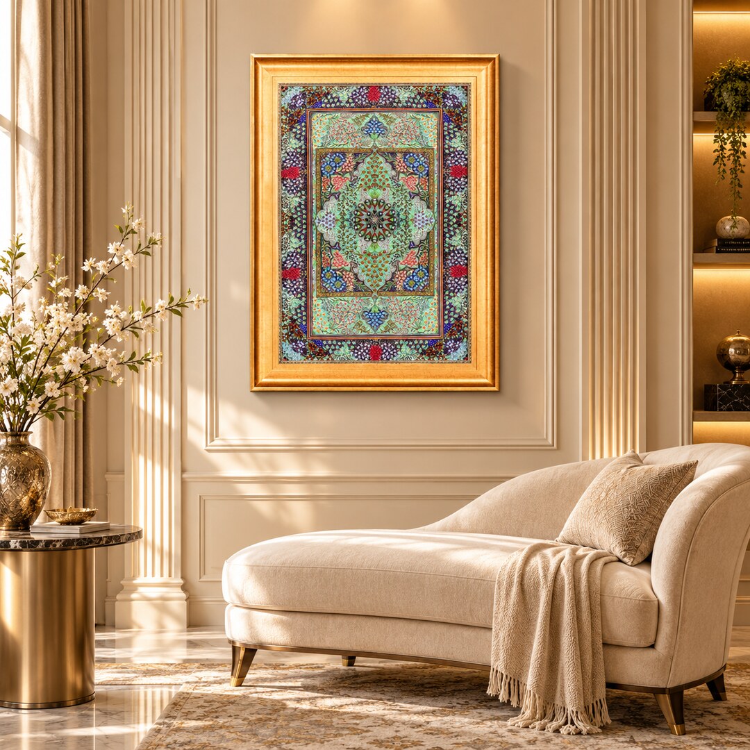 AI-generated interior visualization — MW-HM-0667, 89 x 58 cm, framed handmade silk wall art; illustrative styling, not a customer project or measurement.