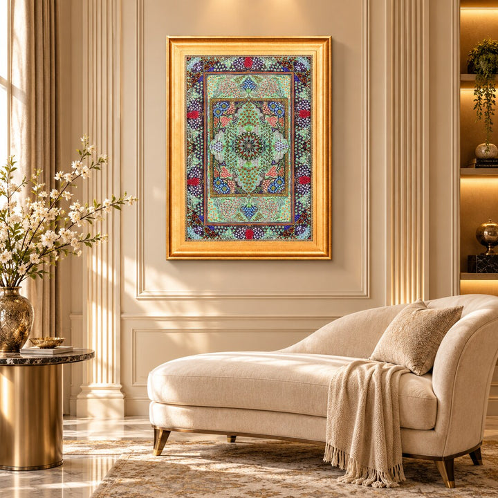 AI-generated interior visualization — MW-HM-0667, 89 x 58 cm, framed handmade silk wall art; illustrative styling, not a customer project or measurement.