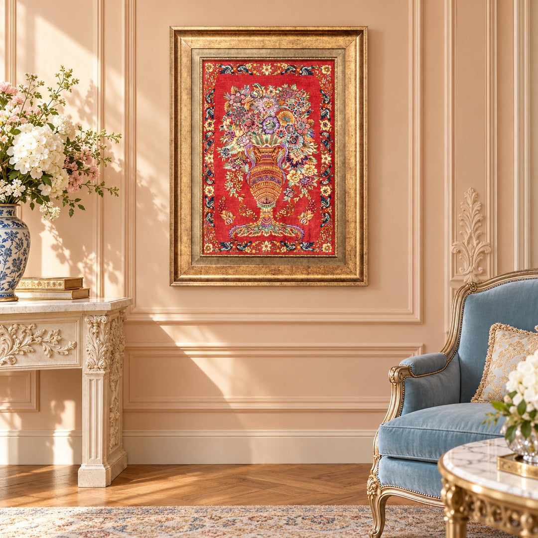 AI-generated interior visualization — MW-HM-0674 — textile 59 x 40 cm, excluding frame; illustrative scale, not a customer project.
