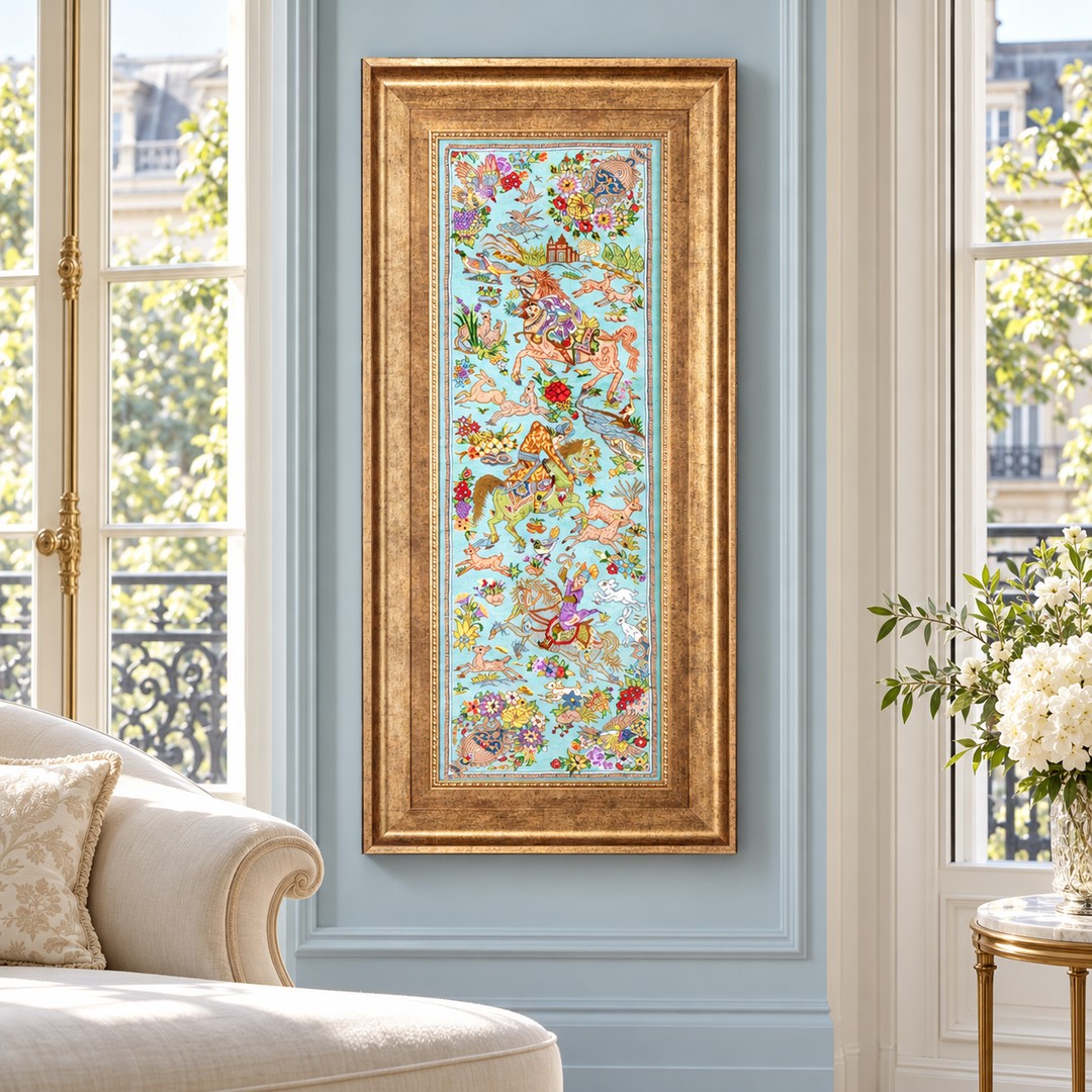 AI-generated interior visualization — MW-HM-0676; woven rug 85 x 30 cm, excluding frame. Illustrative scale, not a customer project.