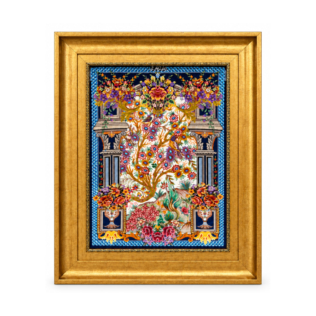 Tree of Life floral pictorial rug in a gold frame, front view on white background