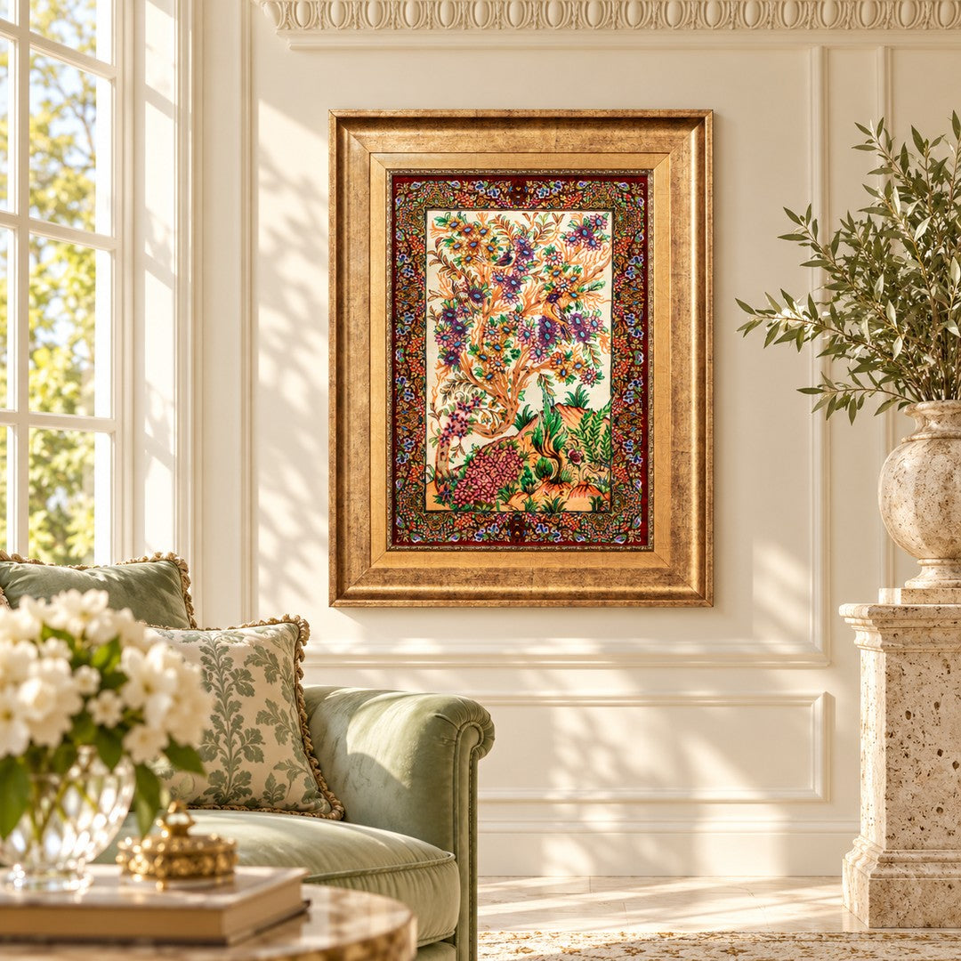 AI-generated interior visualization — MW-HM-0682 — textile 58 x 40 cm, excluding frame; illustrative scale, not a customer project.