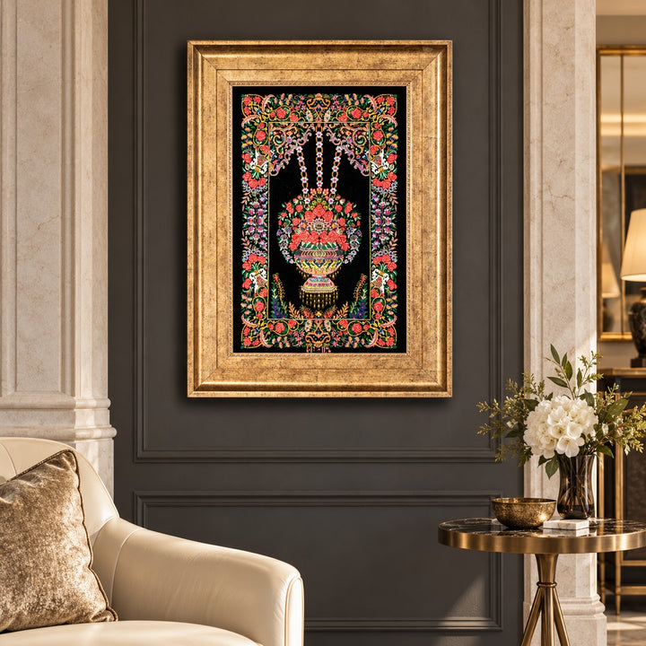 AI-generated interior visualization — MW-HM-0683 — textile 62 x 40 cm, excluding frame; illustrative scale, not a customer project.