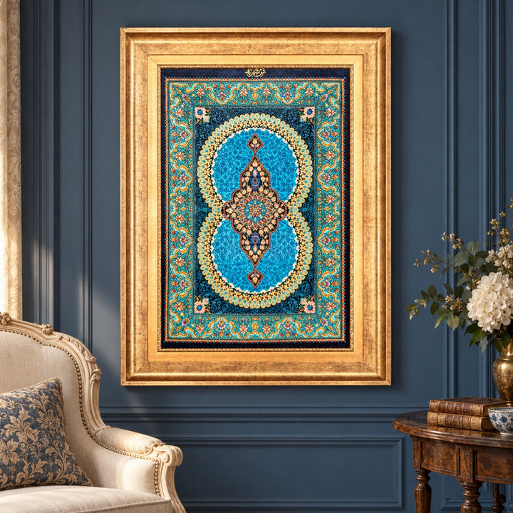 AI-generated interior visualization — MW-HM-0685; woven rug 71 x 51 cm, excluding any frame. Illustrative scale, not a customer project.