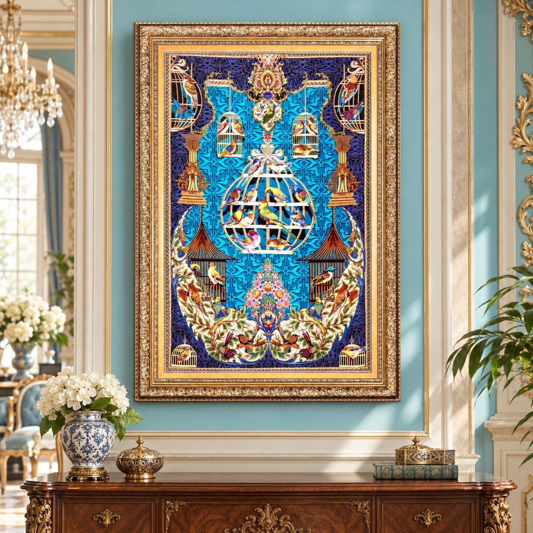 AI-generated interior visualization — MW-HM-0704 — textile 118 x 80 cm, excluding frame; illustrative scale, not a customer project.