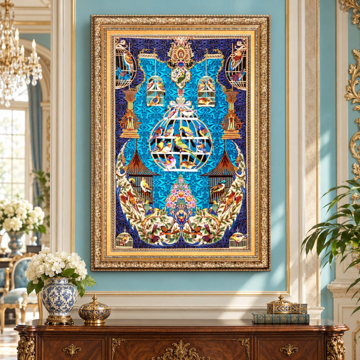 AI-generated interior visualization — MW-HM-0704 — textile 118 x 80 cm, excluding frame; illustrative scale, not a customer project.