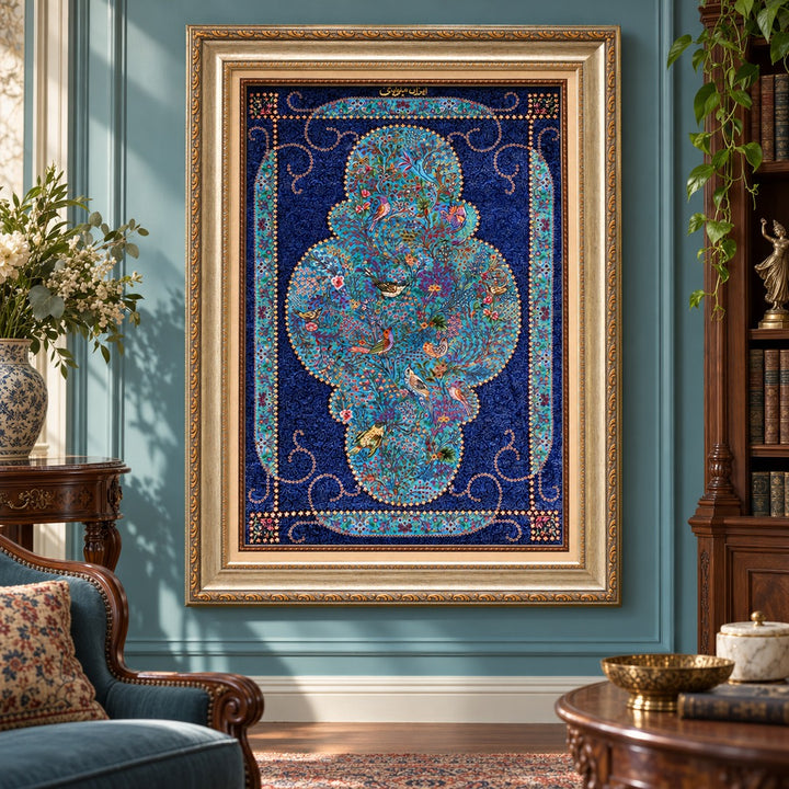AI-generated interior visualization — MW-HM-0706; woven rug 88 x 61 cm, excluding any frame. Illustrative scale, not a customer project.